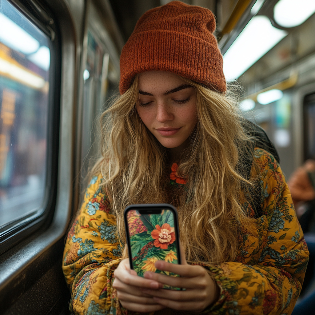 girl with iphone 15 on train